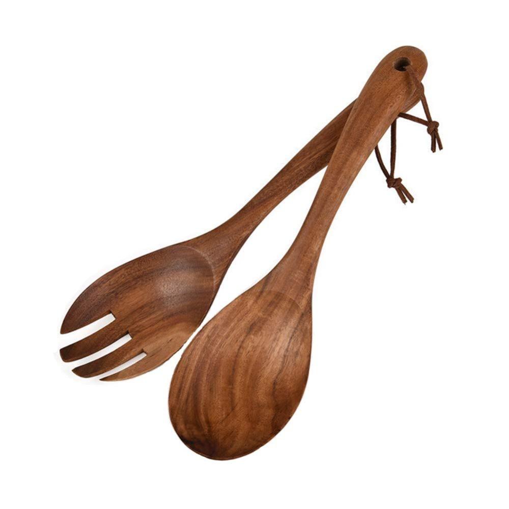 2Pcs Acacia Wood Salad Servers Polished Portable Salad Tongs Long Handle 10.5 Inch Spoon and Fork Set Serving Utensils