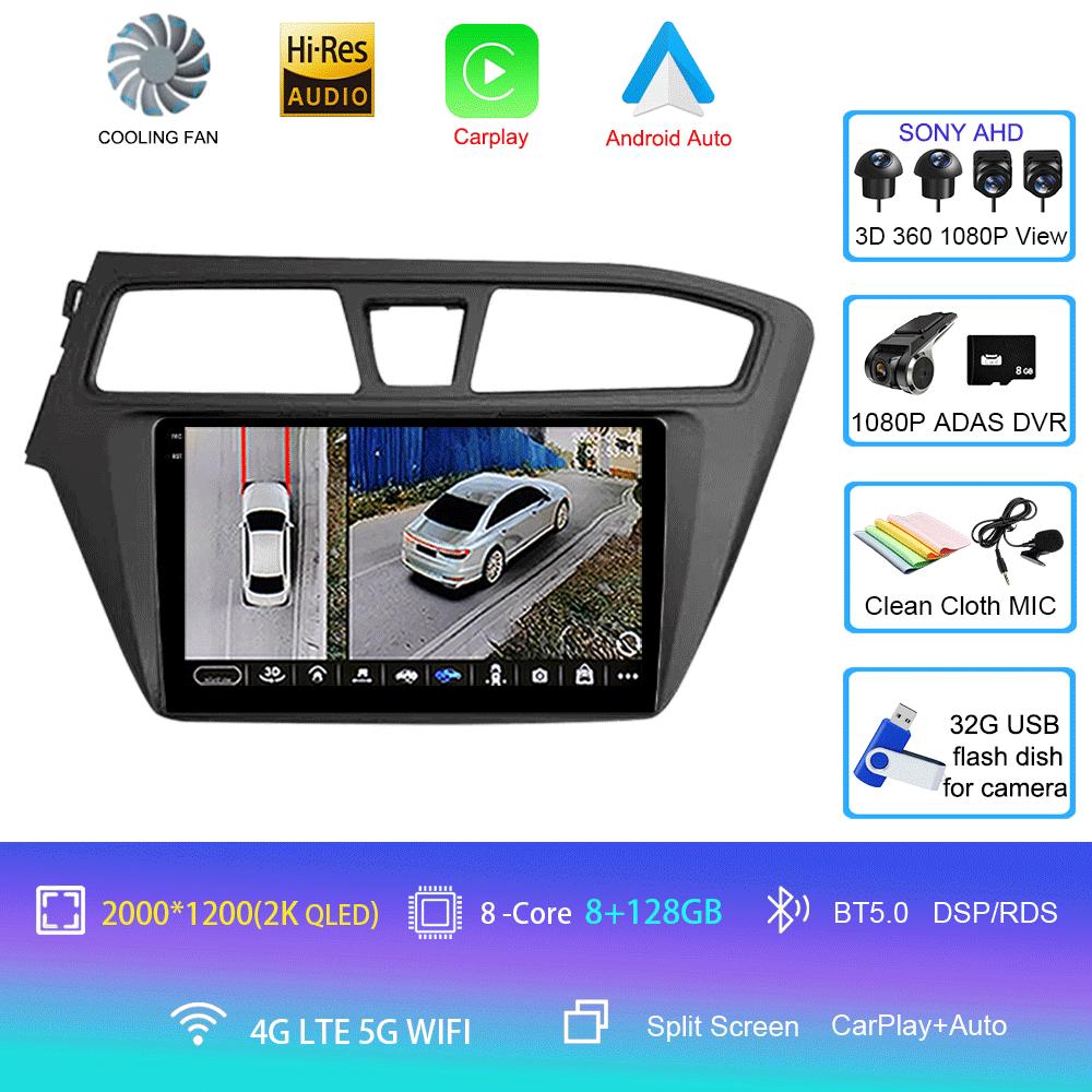Android 14 WIFI+4G Автомагнитола для Hyundai I20 LHD 2015 2016 2017 2018 Стерео GPS Carplay Auto Мультимедийный Видеоплеер 360 Камера
