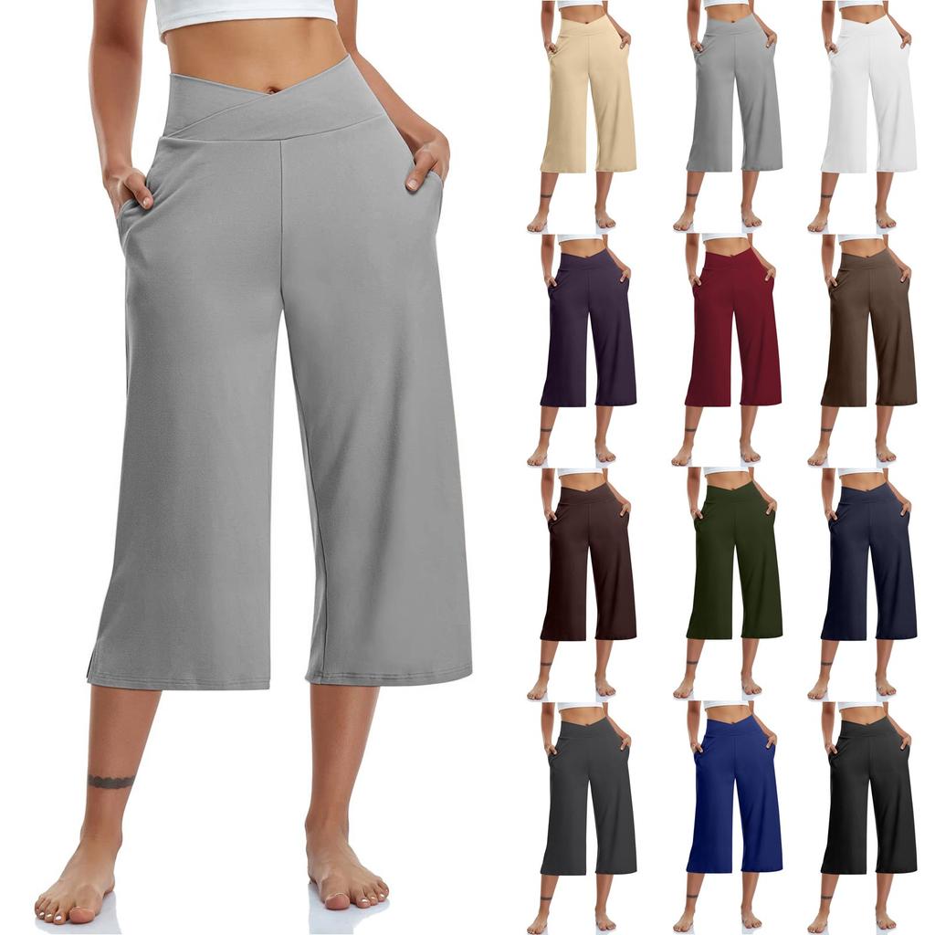 Women  Elastic High Waist 3/4 Pant Casual Active  Fit Wide Capris Leg Pants Trousers With Pockets