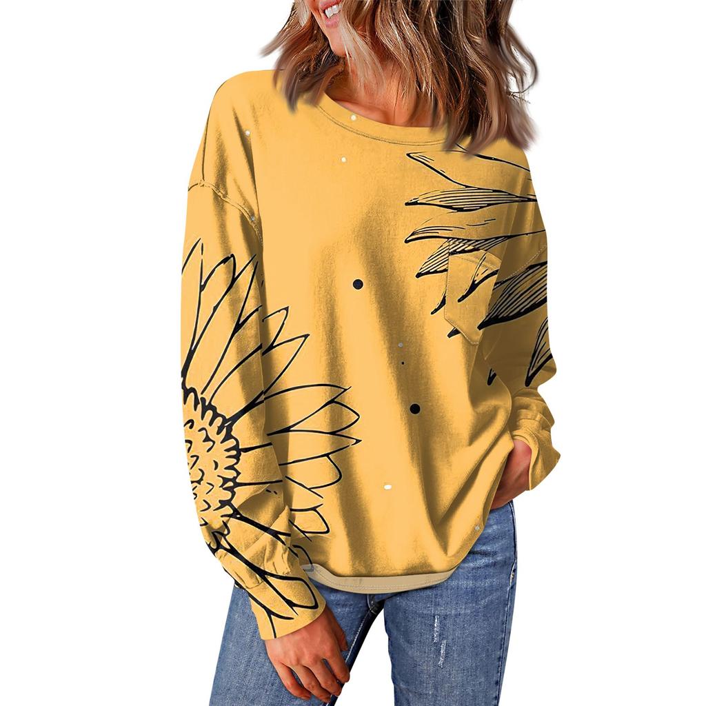 Женский повседневный свободный топ с круглым вырезом и карманами с винтажным цветочным принтом и длинными рукавами