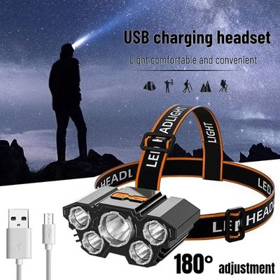 Мощный налобный фонарь USB перезаряжаемый фонарик для рыбалки на открытом воздухе в ночное время 5 светодиодов встроенный аккумулятор сверхъяркий 5 Вт налобный