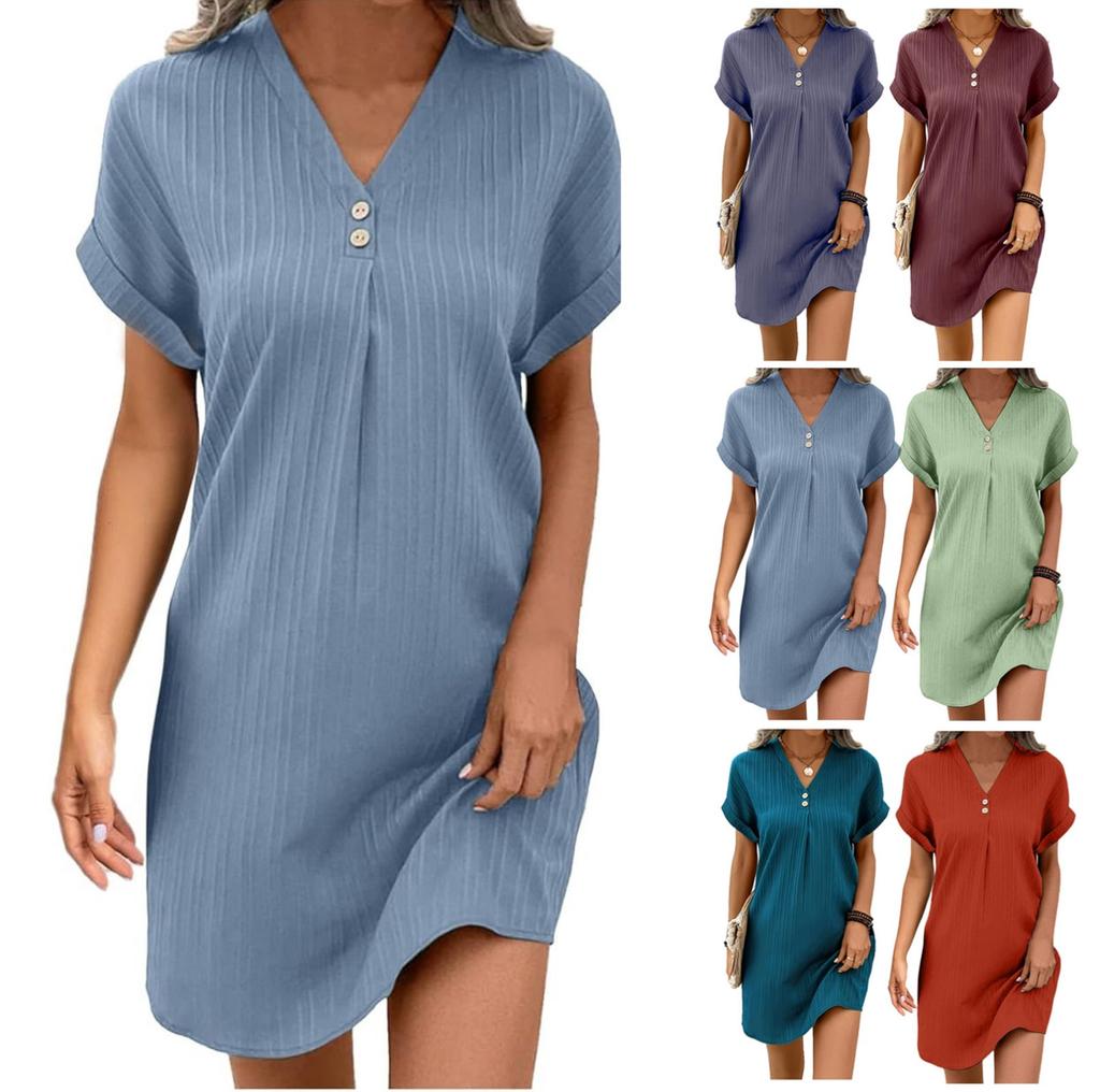 Women's New Short Sleeve V-neck Solid Color Pullover Comfortable Casual Button Dress