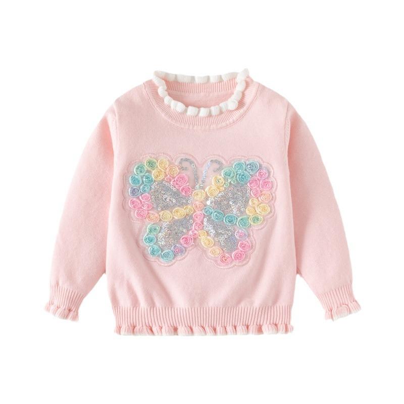Autumn New Children's Clothing Girls Sequined Butterfly Knitted Top Baby Single-layer Cotton Thread Lace Sleeve Sweater Tide