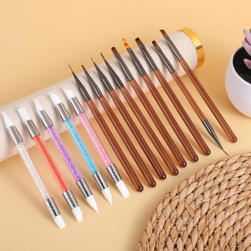 14 PCS Nail Design Painting Brush Set Nail Art Brushes Acrylic Nailbrush Double-ended Nails Art Brushes Extension Gel Builder Nails Gel Brush Dotting