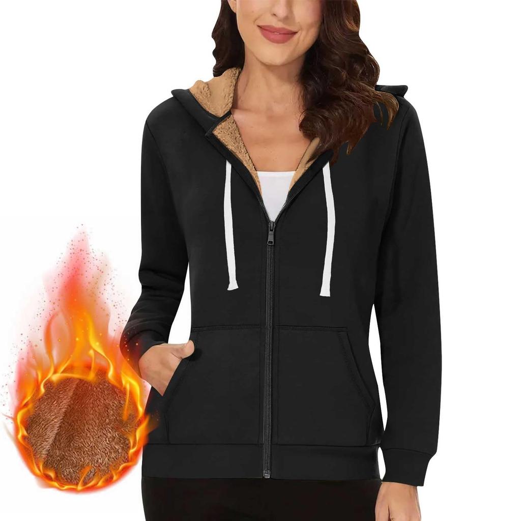 Lined Jacket Women Flannel Winter Warm Fleece Zip Up Hooded With Side Pockets Fall Outfits For Women