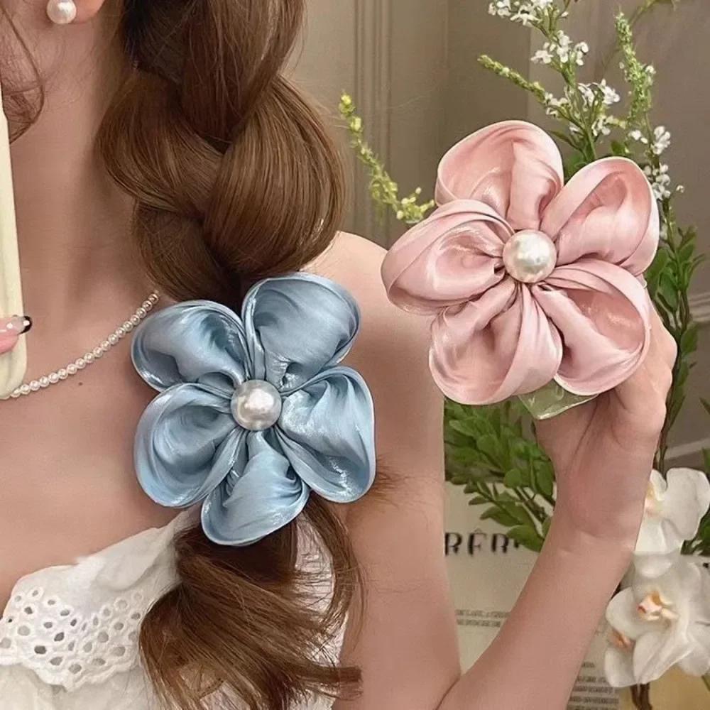Fashion Elegant Pearl Flower Hair Rope Organza Stretch Scrunchies For Women Girls Hair Accessories Headwear Ponytail Holder