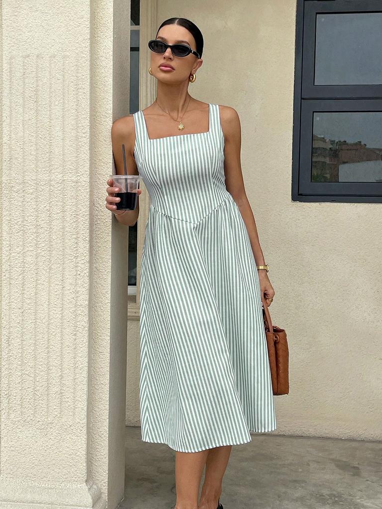 Women Casual Fashion Square Neck Sleeveless Color Block Striped High Waist Long Dress