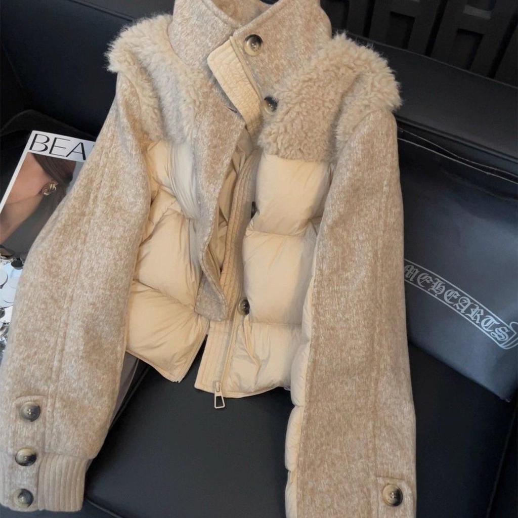 Women's Lambswool Patchwork Cotton Stand Collar Jacket - 2025 Winter Warm Short Design