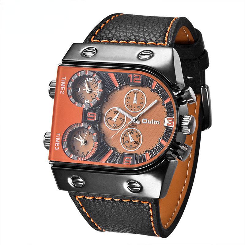 Men's Three Time Zone Leather Strap Sports Watch Outdoor Waterproof Chronograph Quartz Wristwatch