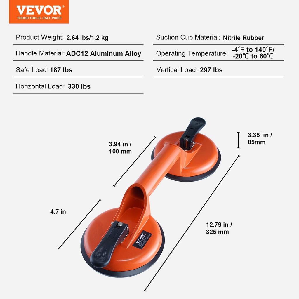 Glass Suction Cup, 4.7" 2 Pack 330 lbs Load Capacity, Vacuum Suction Cup with Aluminum Handle, Heavy Duty Industrial Suction Cup Lifter Tool for