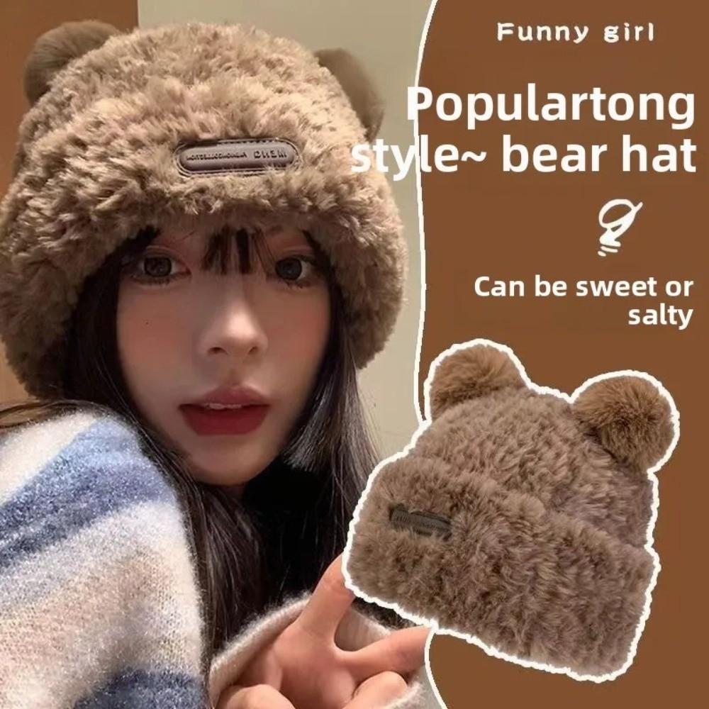 Korean Style Bear Plush Hat Soft Plush Pullover Hats Fashion Winter Warm Cap Autumn and Winter