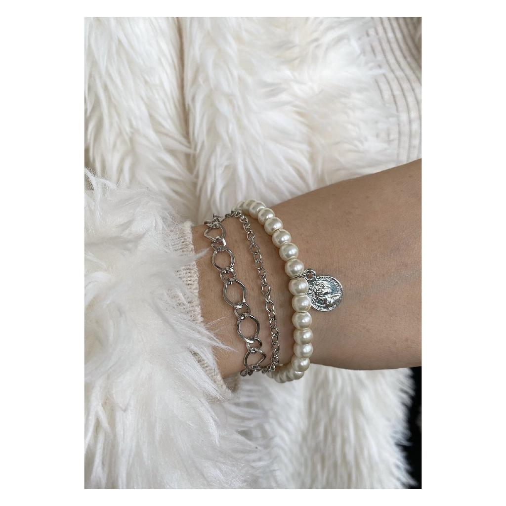 Женский комбинированный браслет из трех частей с жемчужной цепочкой