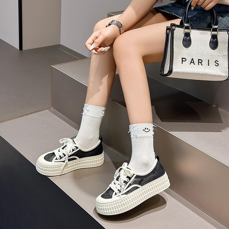 Korean lace mesh canvas shoes women's summer new thick-soled heightening hollow breathable fisherman shoes board shoes