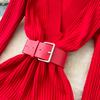 Spring Autumn Women Casual V-neck Full Sleeve Knitted Sweater Midi Pencil Dresses with Belt