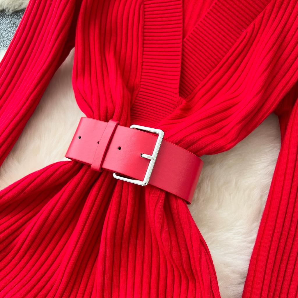 Spring Autumn Women Casual V-neck Full Sleeve Knitted Sweater Midi Pencil Dresses with Belt