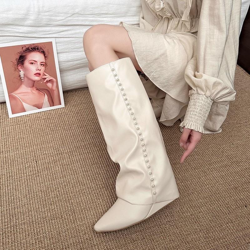 Брюки Сапоги Мода Кожаные Сапоги Мода Осенний Дизайн Жемчуг Острый Носок До Колена Сапоги