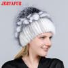 JERYAFUR Женская шапка из натурального меха норки, помпон из лисы, цветы кролика, стильная теплая модная зимняя шапка из натурального меха для девочек, вязаная