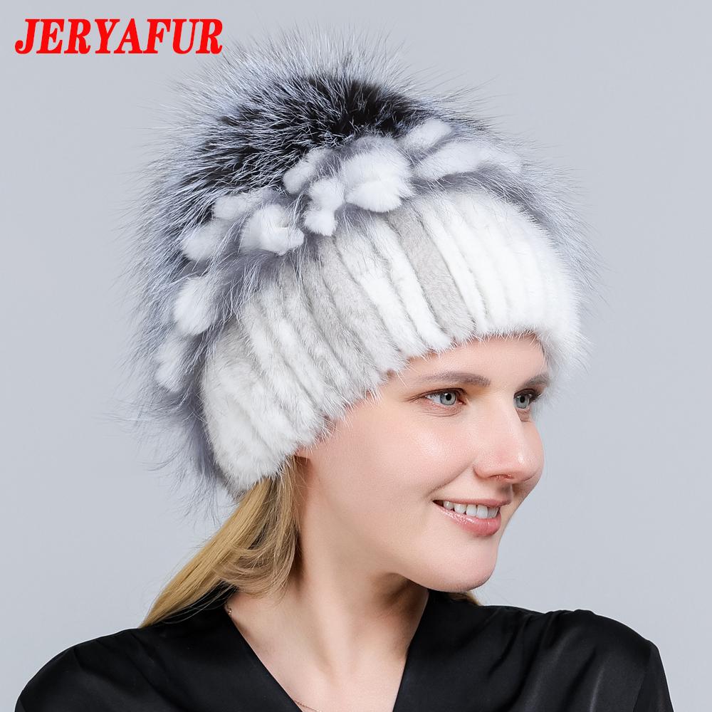 JERYAFUR Женская шапка из натурального меха норки, помпон из лисы, цветы кролика, стильная теплая модная зимняя шапка из натурального меха для девочек, вязаная
