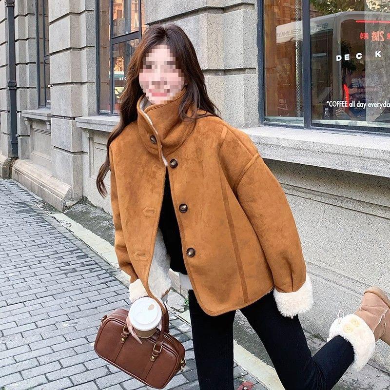 Женская замшевая куртка цвета хаки с подкладкой из овчины и хлопка - Новый стиль Осень/Зима