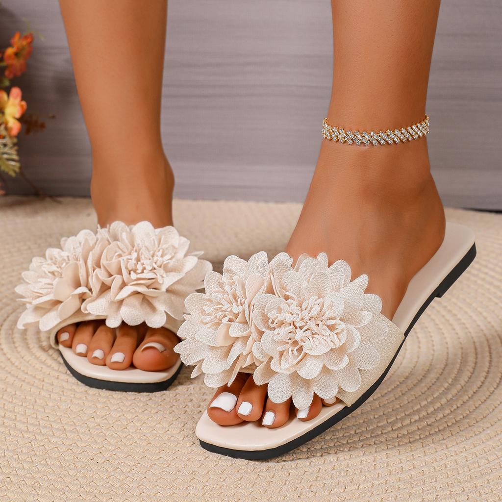 Ladies Shoes 2025 Summer Open Toe Women's Slippers Fashion Flower Dress Slippers Women Square Heel Shoes for Woman