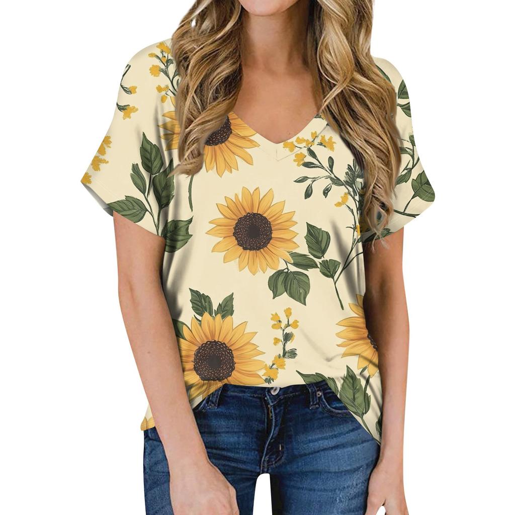 Женская летняя модная повседневная блузка с V-образным вырезом и коротким рукавом с принтом