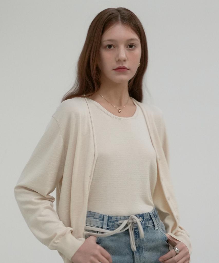 VLETI Logo Embroidered Cardigan & Sleeveless Set (Cream Beige)