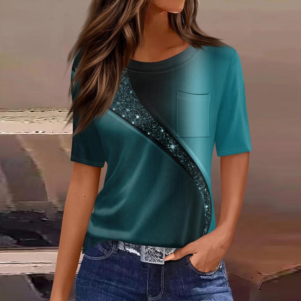 Футболки для женщин, плиссированные, с круглым вырезом, нарядные, повседневные, блузки с принтом, с коротким рукавом, летние топы, свободный крой