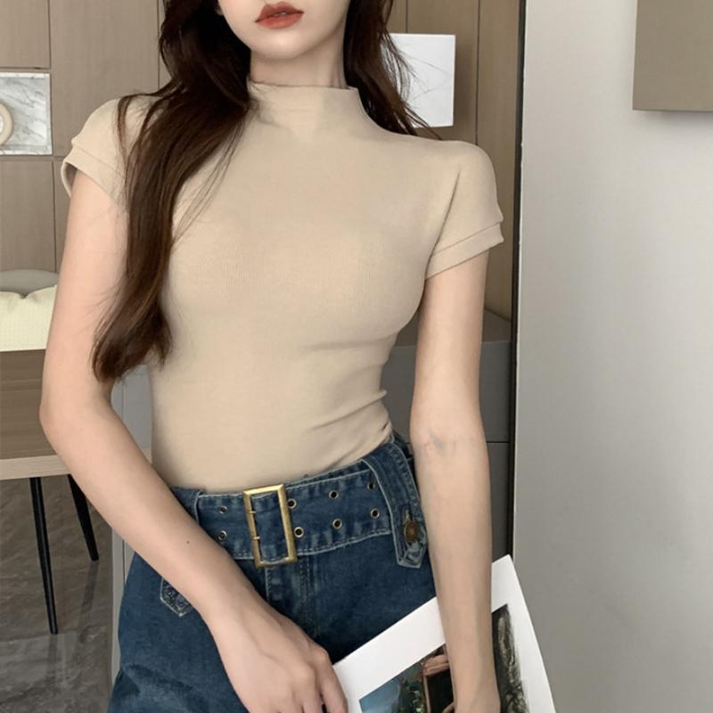 Summer Pure Desire Style Half High Neck Short Sleeved T-shirt for Women's Slim Fit and Slimming Bottom Shirt Top with Student Women's Tank Top