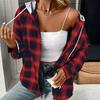 Autumn Winter Women Hoodie Coat Plaid Solid Color Stitching Hooded Drawstring Patch Pocket Long Sleeve Single Breasted Sweatshirt Jacket
