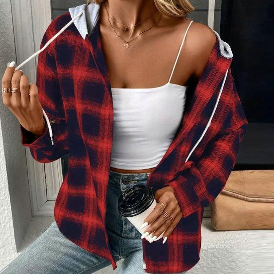 Autumn Winter Women Hoodie Coat Plaid Solid Color Stitching Hooded Drawstring Patch Pocket Long Sleeve Single Breasted Sweatshirt Jacket
