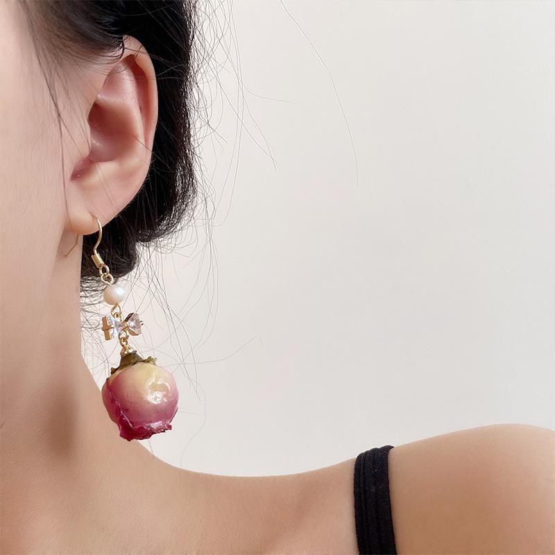 Серьги Niche Design с сушеным розовым цирконием: Осенние ретро-цветочные украшения ручной работы для женщин