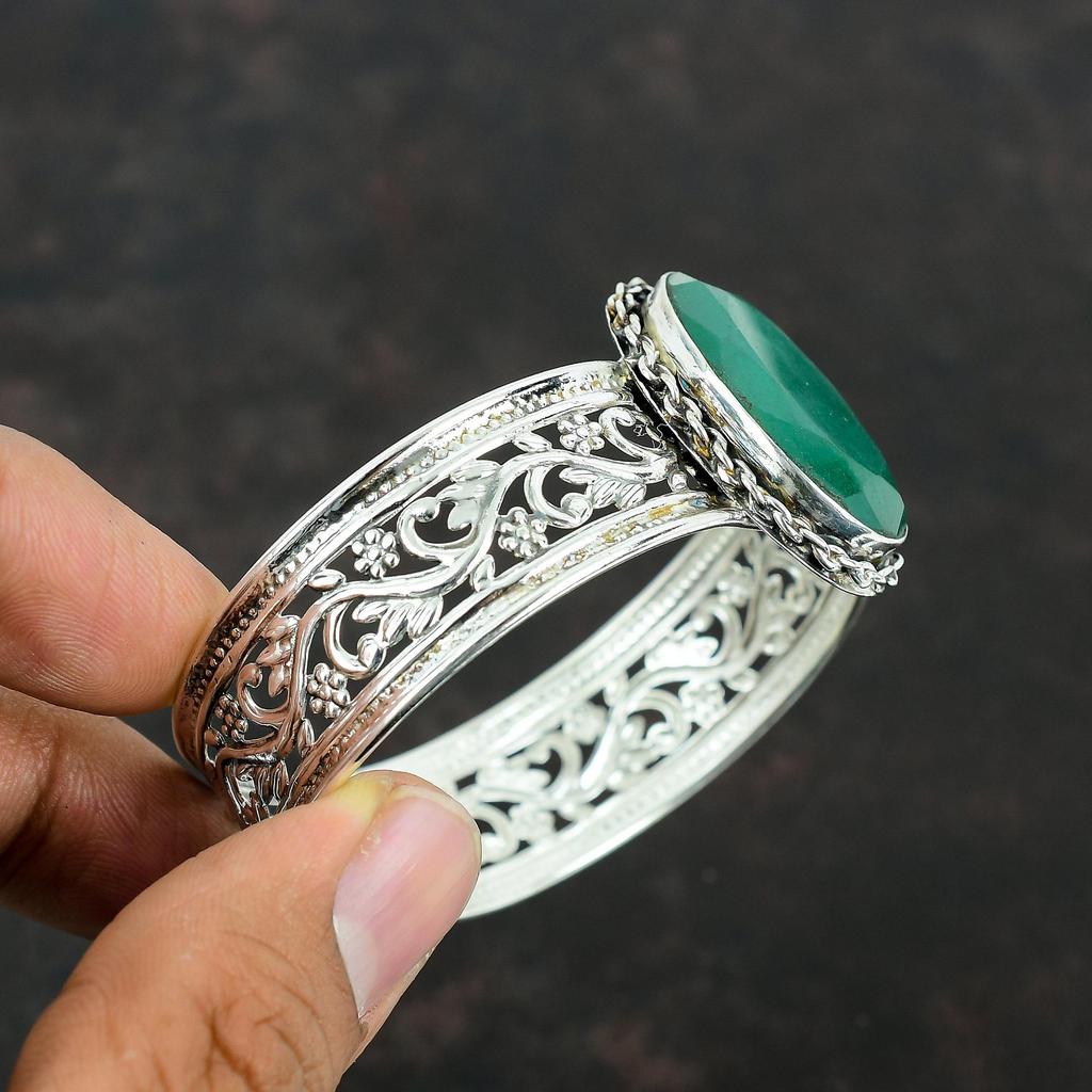 Faceted Zambian Emerald Cuff Bracelet Genuine Gemstone Bangle 925 Sterling Silver Bangle Adjustable Bangle Handmade Jewelry Engagement Gifts