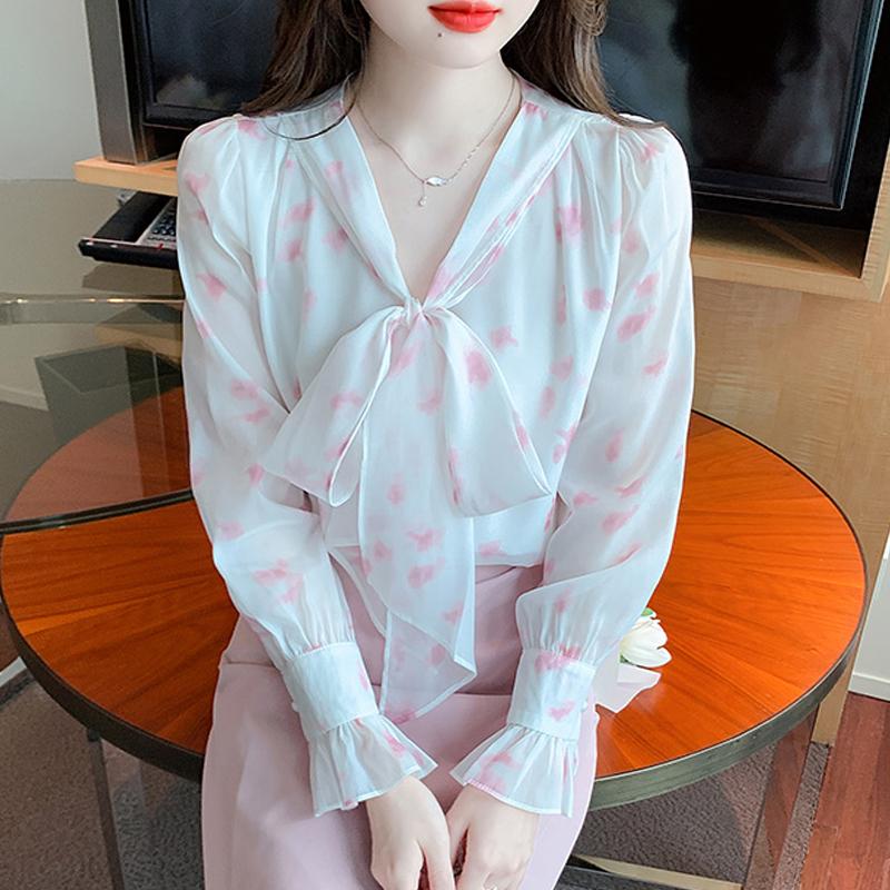 Мода 2024 Осень Длинный Рукав Воротник-Бант Повседневный Принт Шифон Блузка Рубашка Женские Топы Блузки Рубашки J511