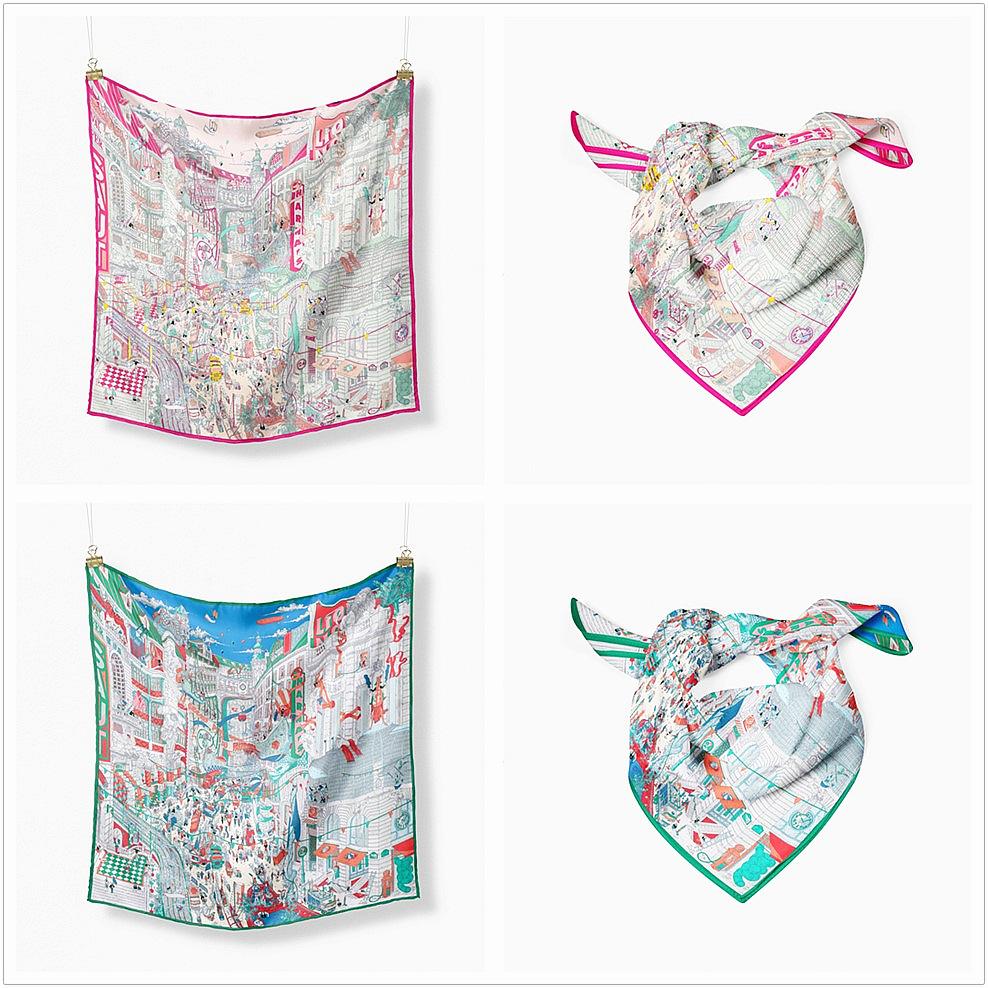 53CM Twill Silk Scarves Women Big City Print Square Scarves Wraps Bandana Small Hijab Foulards Ladies Tie Headband Neckerchief