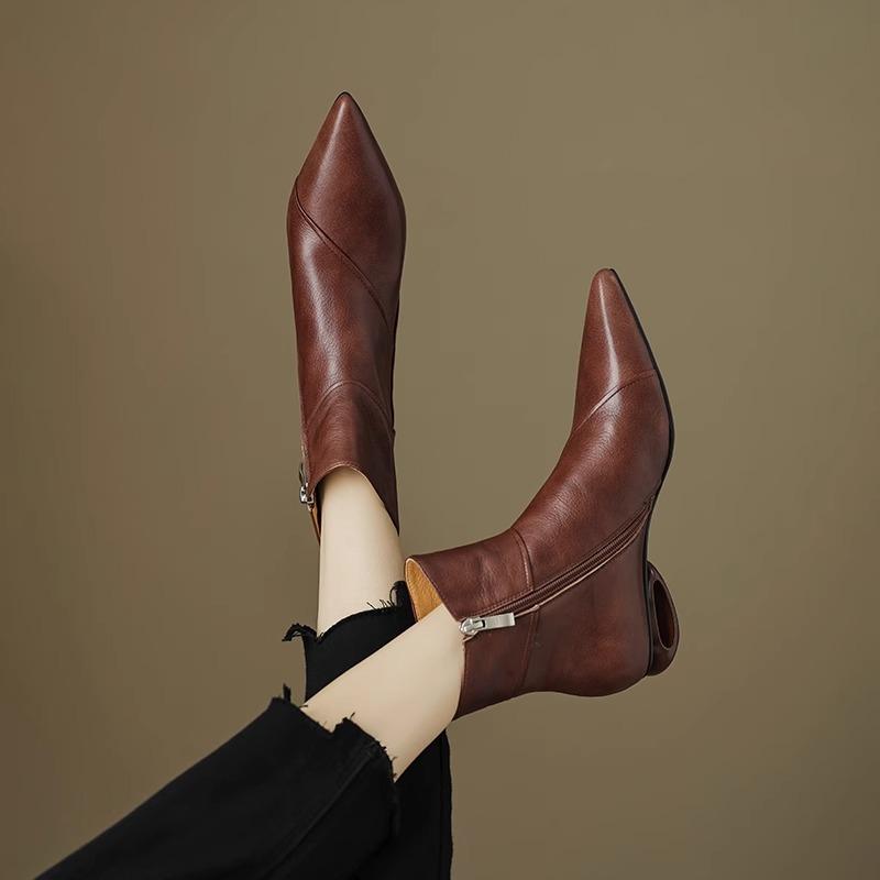 Модные полусапожки в стиле ретро на среднем каблуке, женские, из мягкой кожи, с острым носком, с боковой молнией, современные ботинки «Челси», осенне-зимняя обувь