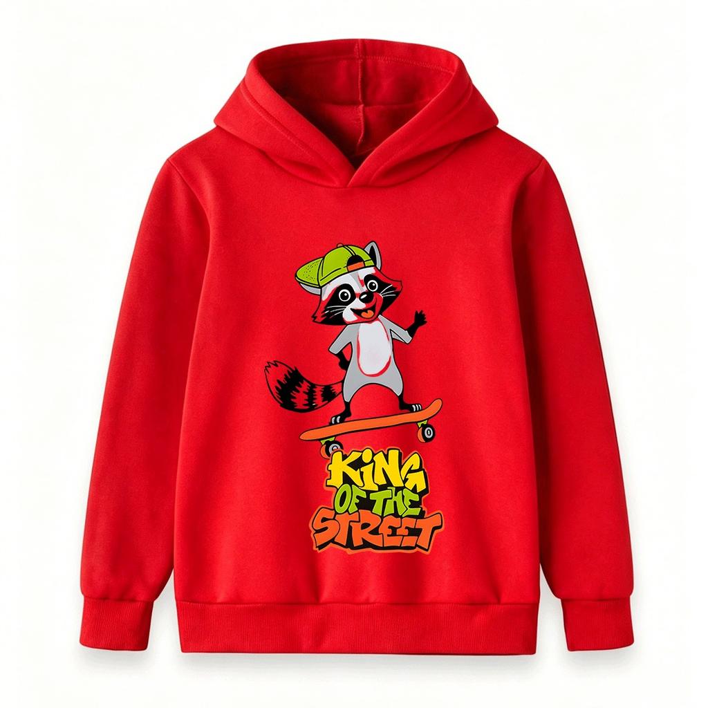 Kids Boys Girls Pullover Hoodie, Cartoon Raccoon Skateboard King Of The Street Print Casual Long Sleeve Hooded Sweatshirt Teen Streetwear Daily Wear