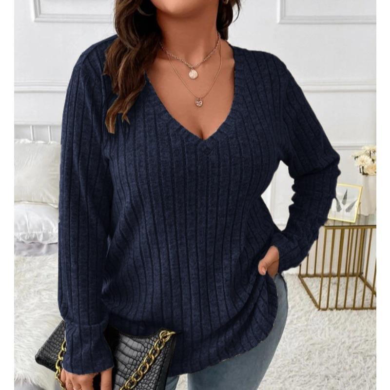 Женская одежда больших размеров с длинным рукавом, повседневная мода, V-образный вырез, полосатые трикотажные топы, весенние женские однотонные свободные футболки 5XL