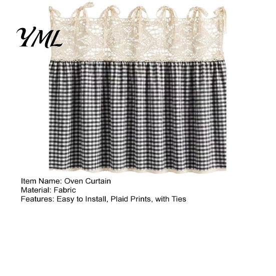 Retro Country Style Kitchen Accessory Farmhouse Stove Skirt, Plaid Crochet Lace Oven Curtain, Rustic Cabinet Decoration Skirt Curtain with Ties