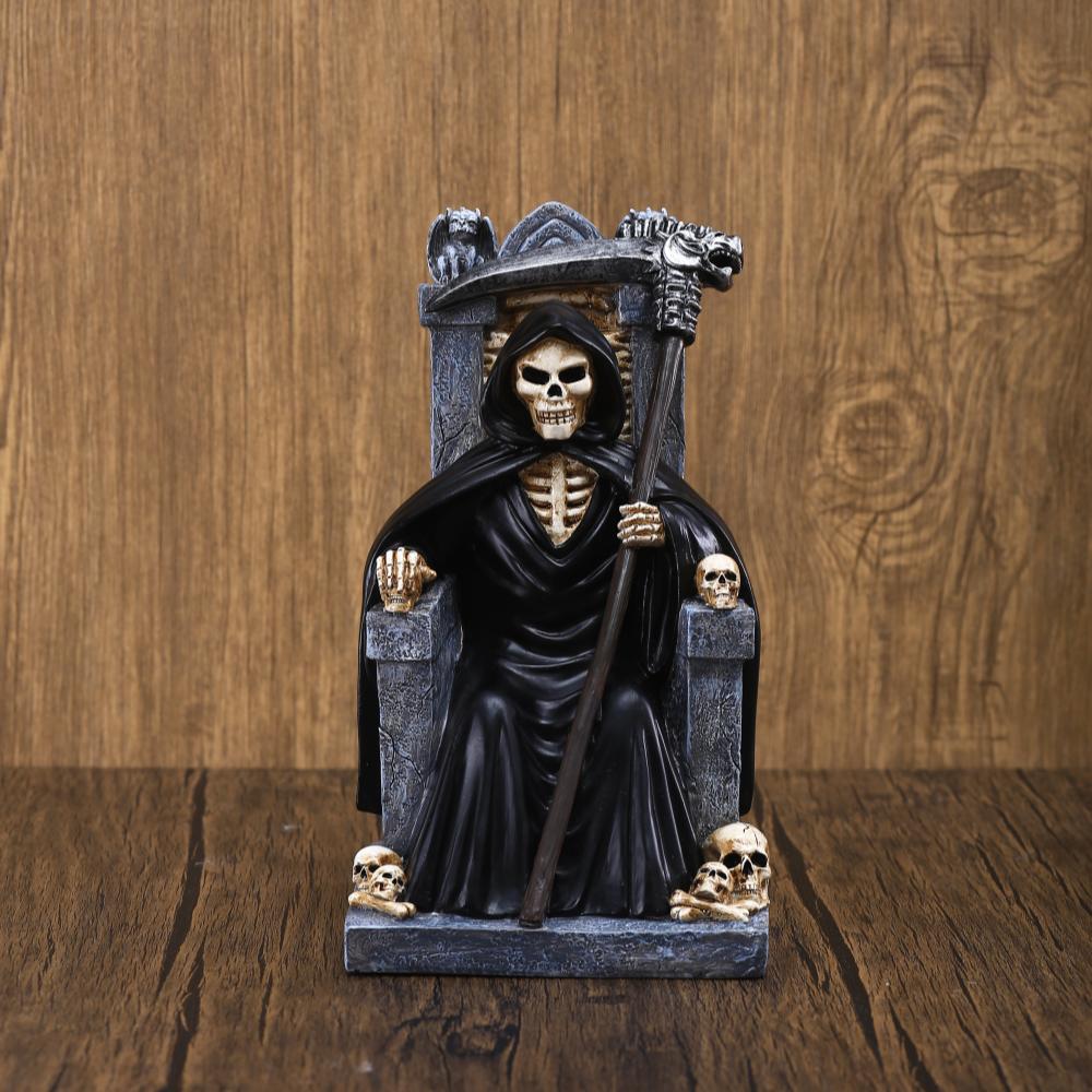 Статуя Бога Смерти Хэллоуин Декор Смола Скелет Трон Фигурка Хэллоуин Домашняя Вечеринка Ужас Череп Голова Настольное Украшение Подарок