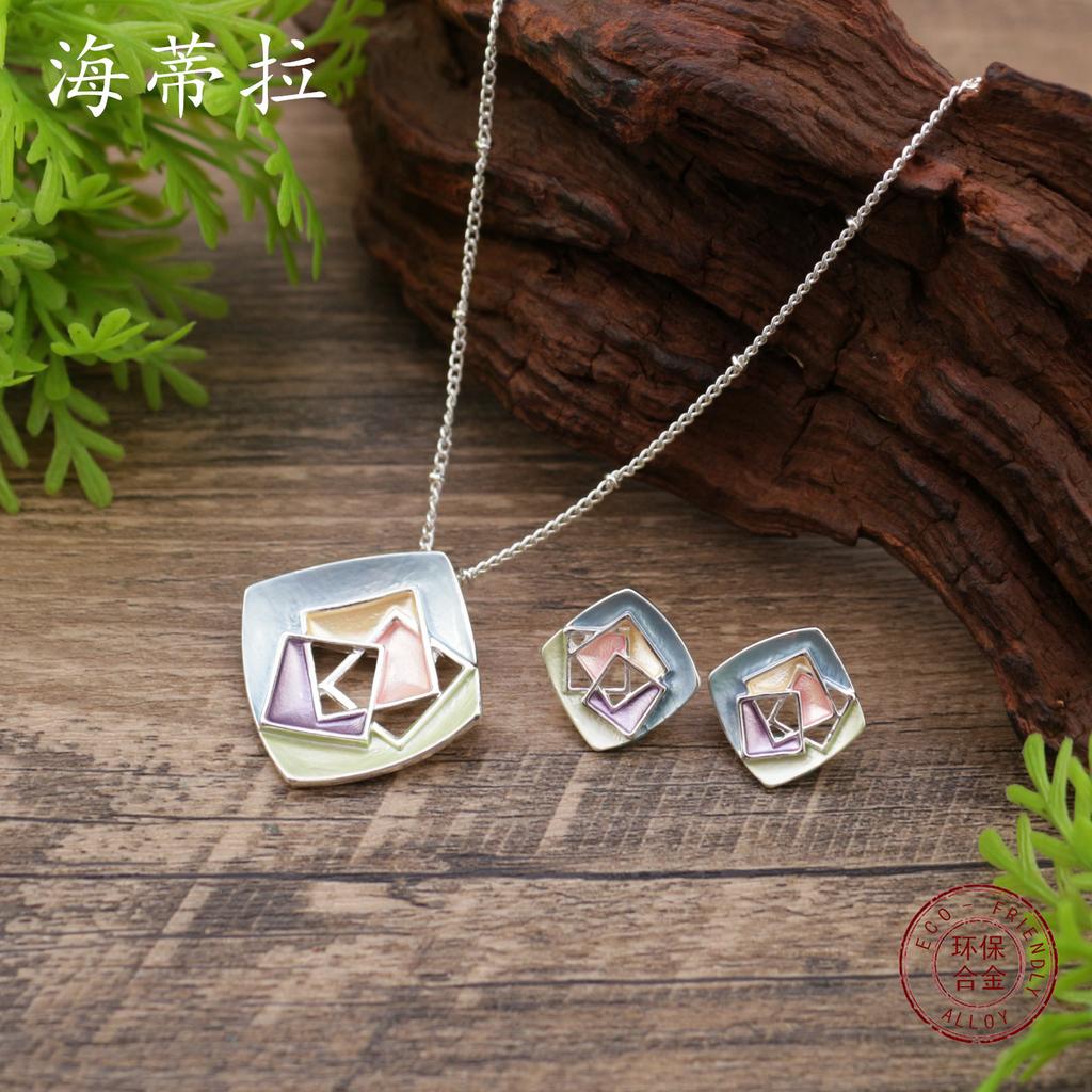 Новый эмалевый цвет, полый квадрат, геометрический набор серег-пусет, подвеска, персонализированное женское универсальное ожерелье