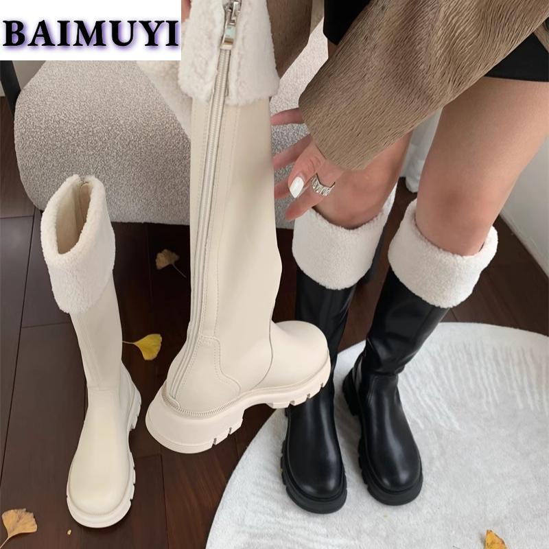 Женские зимние сапоги на платформе до колена, меховые хлопковые туфли «Челси» на толстом каблуке, тренд 2024 года, зимние кожаные готические плюшевые теплые ботинки Mujer