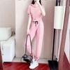 Ayollar kundalik futbolka shimlar to'plami Elegant pushti O-bo'yin qisqa yengli futbolka + ipli erkin shimlar sport kostyumi