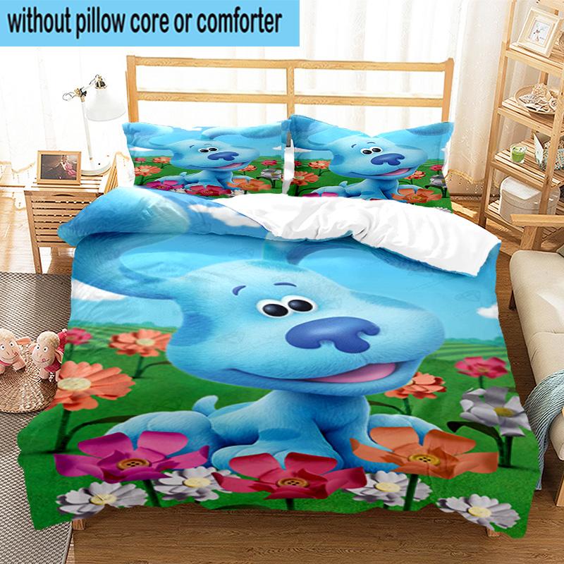 Cartoon Blue dog 3pcs Bedding,Including 1pc Duvet Cover And 2pcs Pillowcases Perfect for Christmas,Ideal for Bedroom, Dormitory