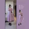 Women's High-End Purple Petite Bubble Sleeve Long Dress for Early Spring