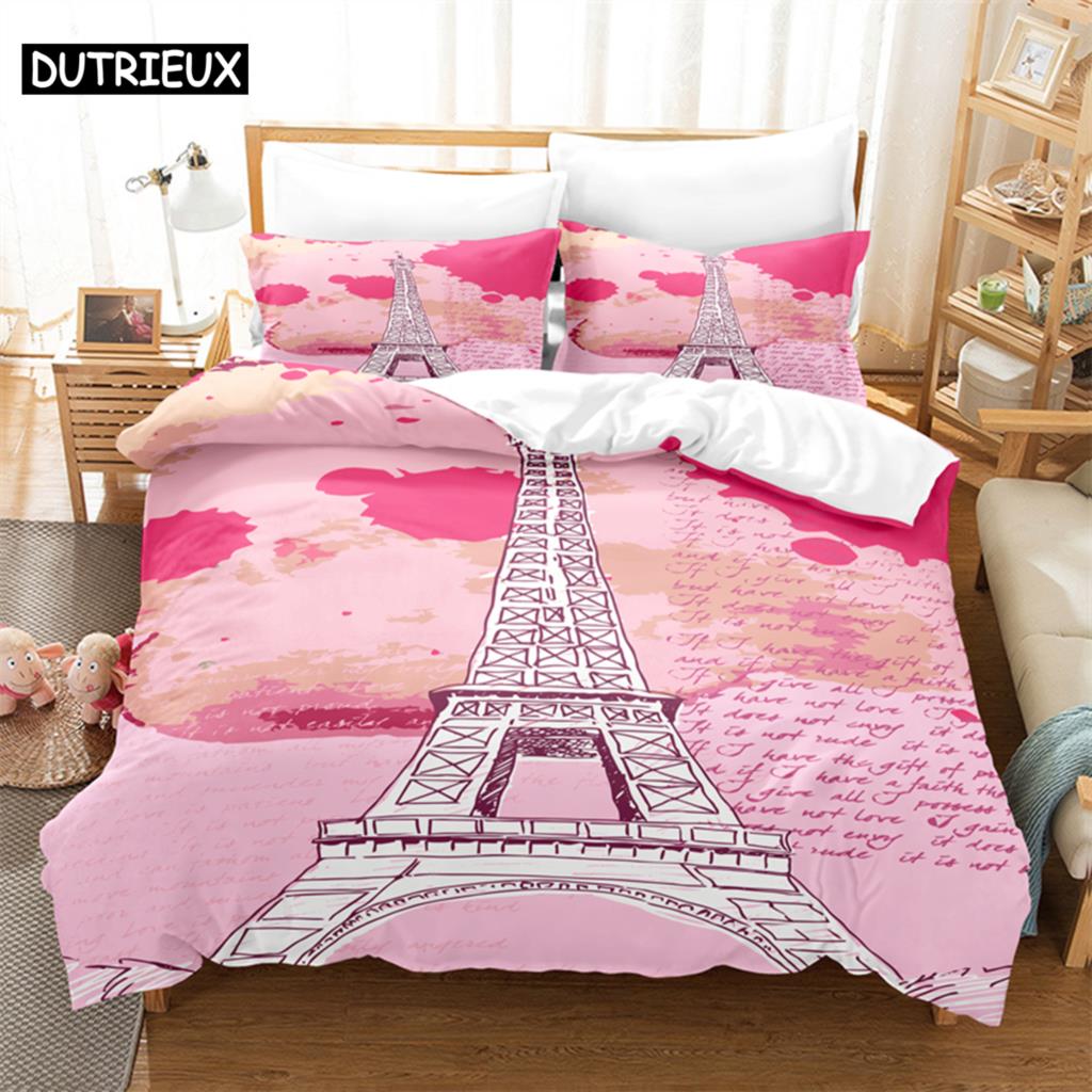 3D Digital-Printed Eiffel Tower-Themed Duvet Cover Set In Queen Size - Fashionable Bed Linen Design