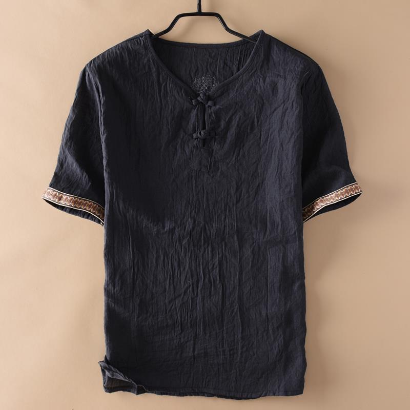 Мужская футболка в китайском стиле, винтажная, с принтом, из хлопка и льна, летняя, мужская, повседневная, с V-образным вырезом, с коротким рукавом, дышащая, топы, Ropa Hombre M-5XL