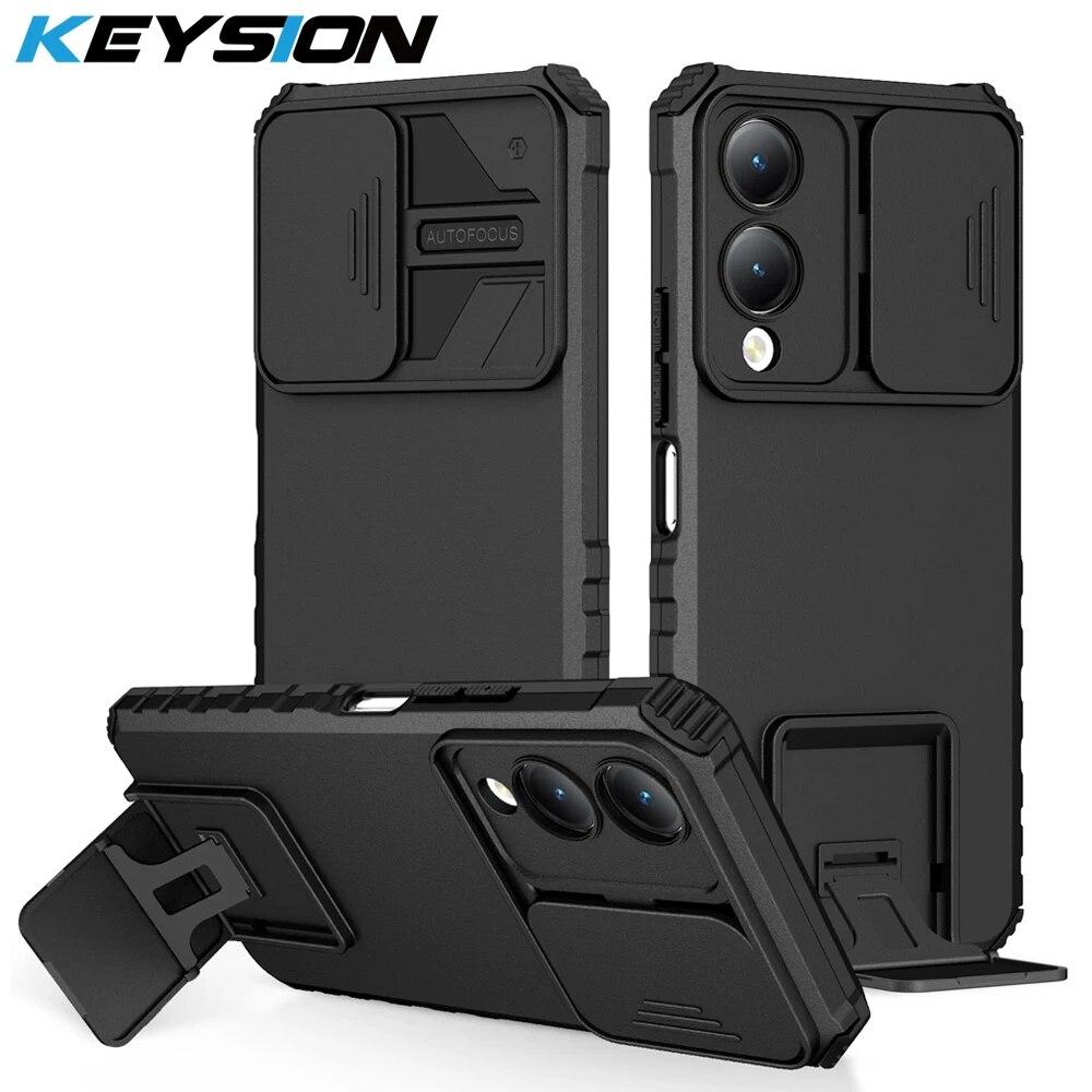 KEYSION Противоударный защитный чехол для VIVO Y17S, слайдер, пушпульная защита объектива камеры, задняя крышка для телефона с подставкой для VIVO Y17S