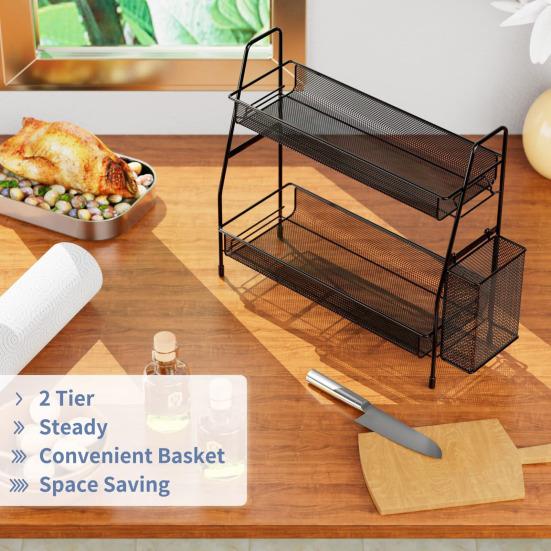 Double Layer Storage Rack with Side Storage Basket Hollow Mesh Iron Detachable Stable Anti-skid