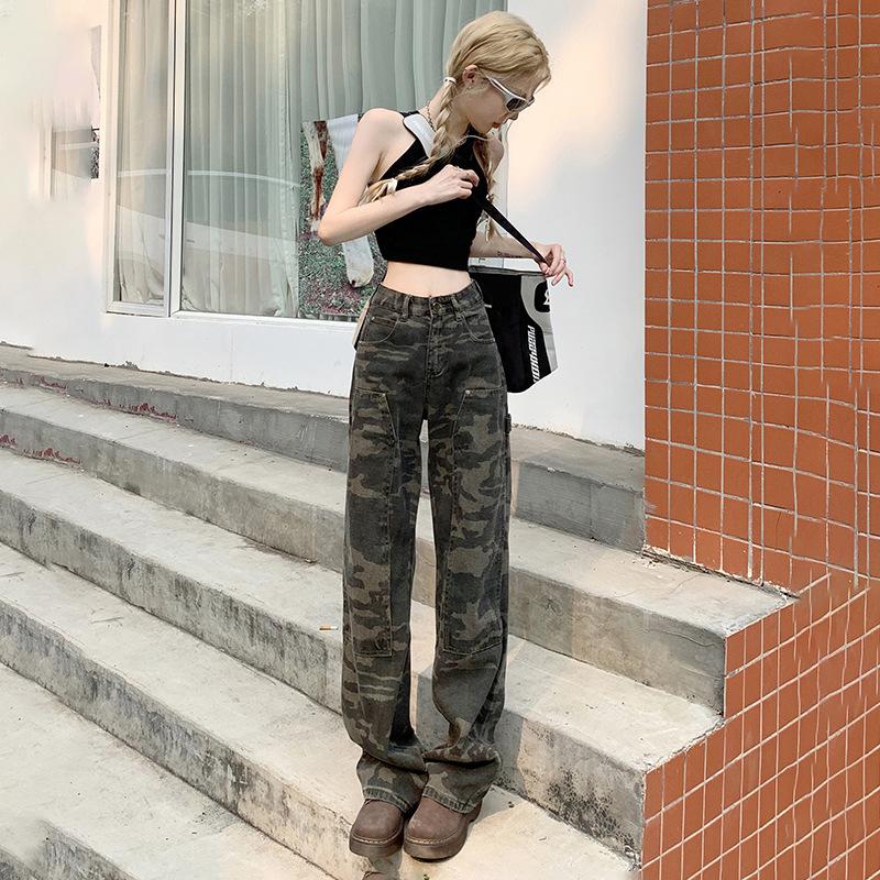 YC & American Vintage High Street Свободные Прямые Широкие Рабочие Камуфляжные Джинсы Женский Тренд ins & Брюки Удлиненные