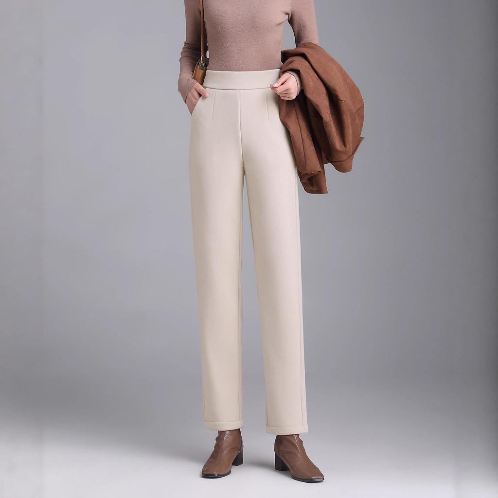 Women's High-Waisted Wool Cigarette Pants - Autumn/Winter, Warm, Versatile, Casual, Plus Velvet & Thickened.